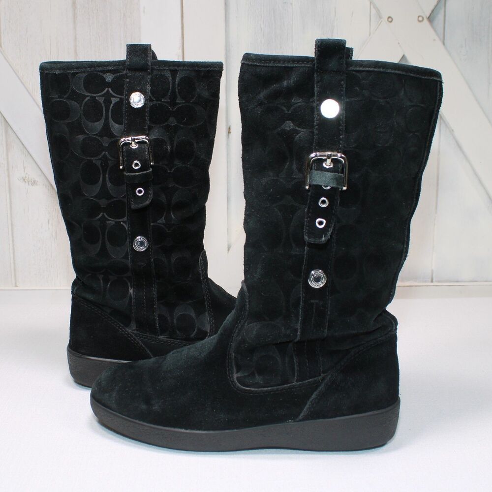 Coach Tulip Black Boots Womens 8.5B Signature Monogram Mid-Calf Winter Luxury